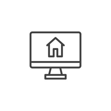 Ev satırı simgesi olan bilgisayar monitörü. Mobil konsept ve web tasarımı için doğrusal biçim işareti. Ana sayfa ekran ana hatlı vektör simgesi. Sembol, logo çizimi. Vektör grafikleri