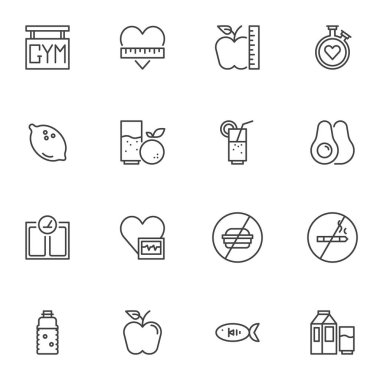 Sağlıklı yaşam çizgisi simgeleri ayarlandı. Doğrusal biçim sembolleri koleksiyonu, ana tabela işaretleri paketi. Vektör grafikleri. Sette sağlıklı beslenme, deniz ürünleri, su şişesi, spor salonu, portakal suyu, kalp atışı gibi ikonlar yer alıyor 