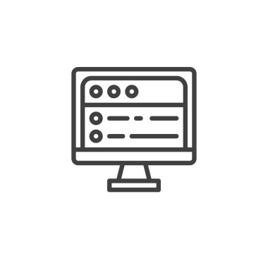 Web sayfası satır simgesiyle bilgisayar ekranı. Mobil konsept ve web tasarımı için SEO doğrusal stil işareti. Web geliştirme ana hatları vektör simgesi. Sembol, logo çizimi. Vektör grafikleri
