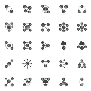 Bağlı insanlar vektör simgeleri seti, modern katı sembol koleksiyonu, sosyal ağ bağlantısı stil piktogram paketi. İşaretler, logo illüstrasyonu. Set simgeleri ağ oluşturma ve iletişim olarak içerir 