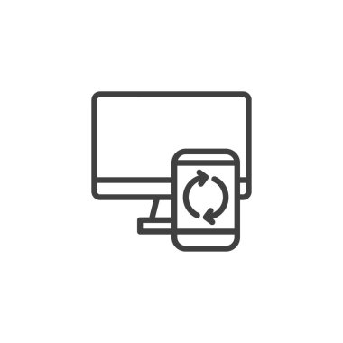Aygıtları, bilgisayarı ve akıllı telefon hattı simgesini eşzamanla. Mobil konsept ve web tasarımı için doğrusal biçim işareti. Senkronizasyon işleme ana hatları simgesini güncelle. Sembol, logo illüstrasyonu. 