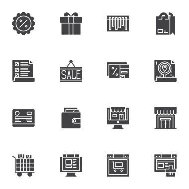 E-ticaret vektör simgeleri seti, modern katı sembol koleksiyonu, çevrimiçi alışveriş tarzı piktogram paketi. Logo illüstrasyonu işaretleri. İndirim etiketi olarak simgeleri, alışveriş poşetini ve paket izlemesini içerir