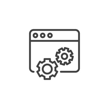 Web optimizasyon çizgisi simgesi. Mobil konsept ve web tasarımı için web sitesi ve vites çizelgesi. Web sayfası ayarları vektör simgesini özetliyor. Sembol, logo çizimi. Vektör grafikleri