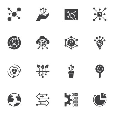 Teknoloji bağlantı vektör simgeleri seti, modern katı sembol koleksiyonu, doldurulmuş biçim piktogram paketi. İşaretler, logo illüstrasyonu. Küresel bağlantı, bulut hesaplama ve transfer okları olarak simgeleri içerir