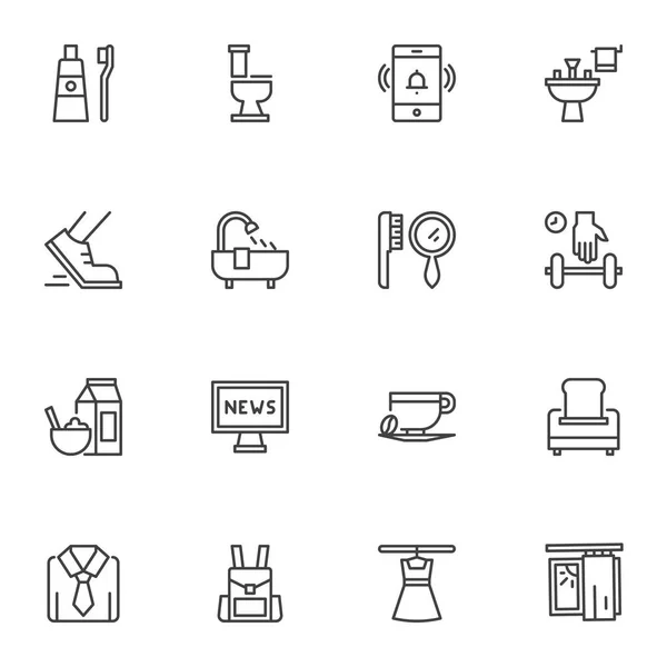 Mattina Linea Routine Icone Impostato Collezione Simboli Stile Lineare Confezione — Vettoriale Stock