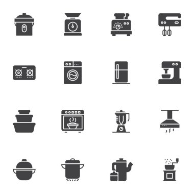 Mutfak gereçleri vektör simgeleri seti, modern katı sembol koleksiyonu, mutfak eşyası dolu piktogram paketi. İşaretler, logo illüstrasyonu. Set simgeleri tost makinesi, elektrik karıştırıcı, blender, buzdolabı olarak içerir