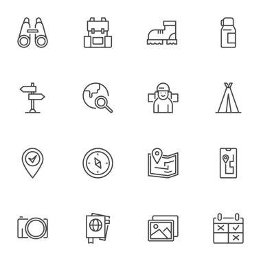 Kamp malzemeleri çizgisi simgeleri ayarlandı. doğrusal stil sembolleri koleksiyonu, seyahat, yürüyüş tabelaları paketi. Vektör grafikleri. Set simgeleri sırt çantası, kamp çadırı, pusula, tırmanma botu ve navigatör olarak içerir