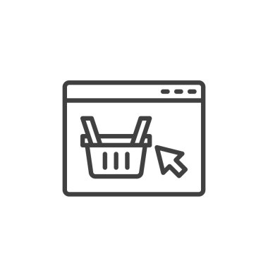 Çevrimiçi alışveriş hattı ikonu. Mobil konsept ve web tasarımı için sepet doğrusal tabela ekle. Alışveriş sepeti ana hatları vektör simgesi olan bir web sayfası. Sembol, logo çizimi. Vektör grafikleri