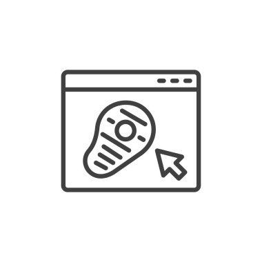 Çevrimiçi biftek sipariş etme ikonu. Mobil konsept ve web tasarımı için mal dağıtım servisi doğrusal işareti. Biftek dilimi vektör ikonunun olduğu bir site sayfası. Sembol, logo illüstrasyonu