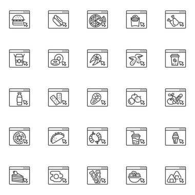 Fast food sipariş çizgisi simgeleri hazır. Doğrusal biçim sembolleri koleksiyonu, ana tabela işaretleri paketi. Yemek servis vektör grafikleri. Set simgeleri - hamburger, suşi, soda, sebze salatası