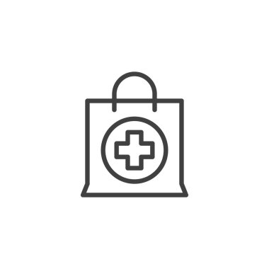 Eczane alışverişi torbası ikonu. Mobil konsept ve web tasarımı için doğrusal biçim işareti. Eczane teslimat çantası taslak vektör simgesi. Sembol, logo çizimi. Vektör grafikleri