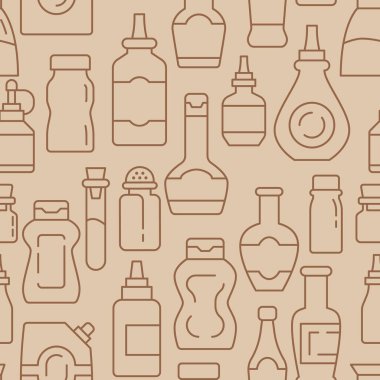 Baharatlar ve sos şişeleri desenleri. Kusursuz bir arka plan için baharat. Kusursuz desen vektör çizimi