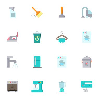 Ev aletleri koleksiyonu, düz simgeler seti, elektrikli süpürge, çamaşır makinesi, elektrikli fırın ve buzdolabı içeren renkli semboller. Vektör çizimi. Düz biçim tasarımı