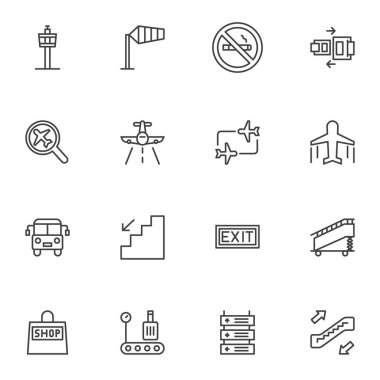 Havaalanı simgeleri ayarlandı. Doğrusal biçim sembolleri koleksiyonu, ana tabela işaretleri paketi. Vektör grafikleri. Set simgeleri uçuş kontrol kulesi, havaalanı pisti, rüzgar yastığı, bagaj atlıkarınca, uçak inişi gibi simgeleri içerir 