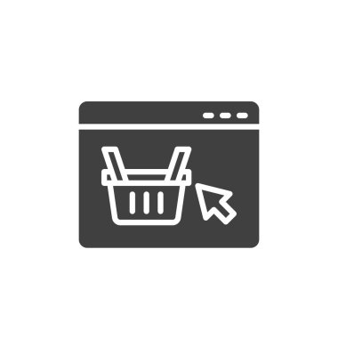 Çevrimiçi alışveriş vektör simgesi. Mobil konsept ve web tasarımı için sepet doldurulmuş düz tabela ekle. Alışveriş sepeti sembollü web sayfası. Sembol, logo çizimi. Vektör grafikleri