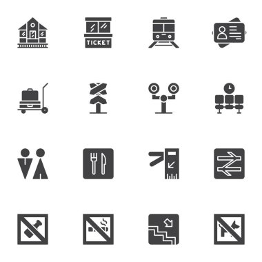 Demiryolu istasyonu vektör simgeleri seti, modern katı sembol koleksiyonu, doldurulmuş resim paketi. İşaretler, logo illüstrasyonu. Set simgeleri bilet kutusu, tren, wc, restoran, bekleme odası olarak içerir