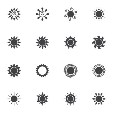 Güneş vektör simgeleri seti, modern katı sembol koleksiyonu, doldurulmuş biçim piktogram paketi. İşaretler, logo illüstrasyonu. Güneş, güneş, güneş, güneş ışığı, güneş ışığı gibi simgeleri içerir