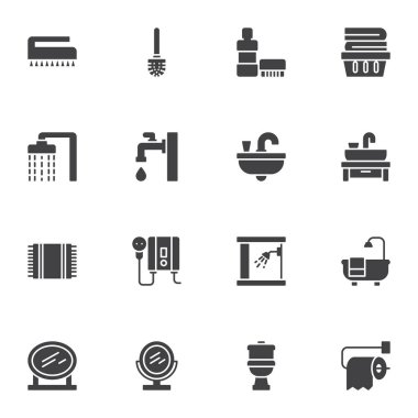 Banyo ve hijyenik ekipman vektör ikonları seti, modern katı sembol koleksiyonu, doldurulmuş piktogram paketi. İşaretler, logo illüstrasyonu. Set, tuvalet fırçası, küvet, duş kabini gibi simgeleri içerir