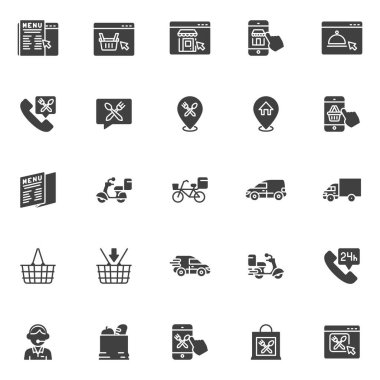 Çevrimiçi gıda sipariş ikonları seti, modern katı sembol koleksiyonu, doldurulmuş biçim piktogram paketi. İşaretler, logo illüstrasyonu. Set simgeleri mobil alışveriş, dağıtım takibi, 24 saat hizmet olarak içerir