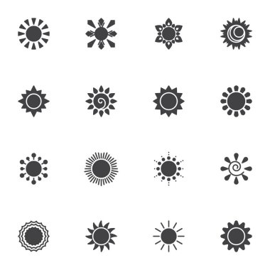 Yaz güneş vektör simgeleri seti, modern katı sembol koleksiyonu, doldurulmuş biçim piktogram paketi. İşaretler, logo illüstrasyonu. Güneş, güneş ışınları, güneş ışığı, güneş ışığı, güneşli hava, güneş ışığı gibi simgeleri içerir 