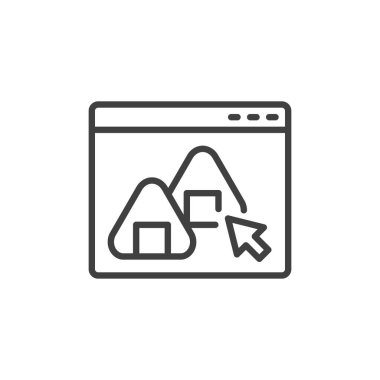 Çevrimiçi suşi rulosu sipariş ikonu. Mobil konsept ve web tasarımı için fast food servis lineer tabelaları. Suşi içeren web sayfası ana hatlı vektör simgesini sarıyor. Sembol, logo illüstrasyonu