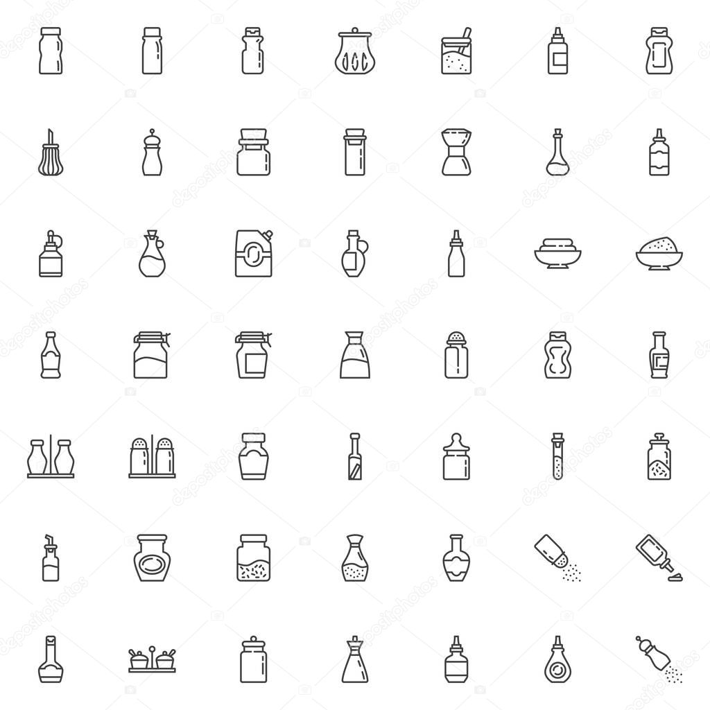 Condiment sauces line icons set. Spices bottles linear style symbols collection, outline signs pack. vector graphics. Set includes icons as olive oil, mustard mayonnaise ketchup, jalapeno pepper sauce