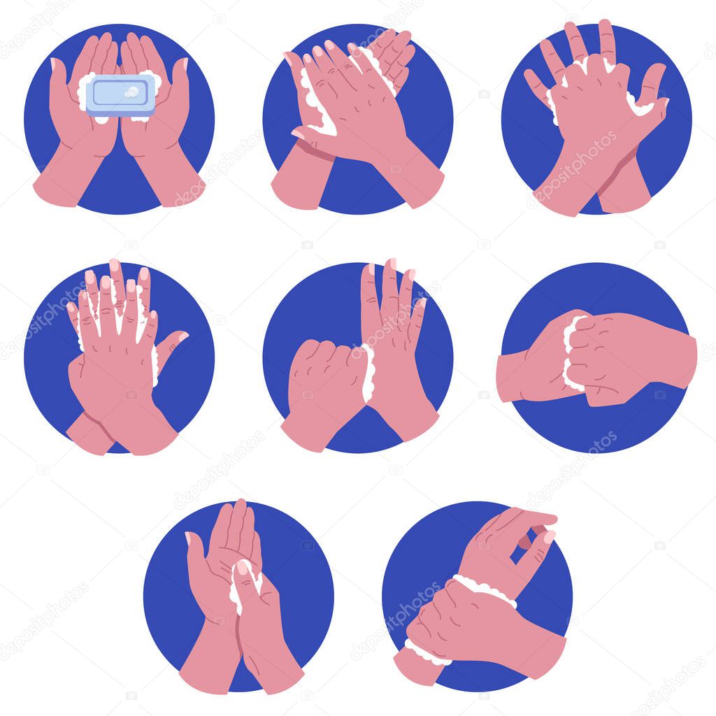 Hands washing steps vector illustration set. Hand hygiene prevention concept. Flat style design. Colorful graphics 