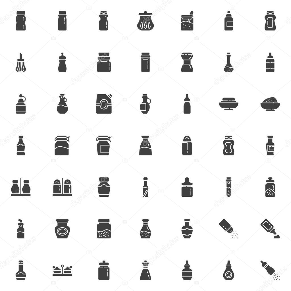 Condiment sauces vector icons set, modern solid symbol collection, filled style pictogram pack. Signs, logo illustration. Set includes icons as Spices bottles, mustard, mayonnaise, ketchup, peper