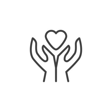 Kalp bağış hattı ikonu. Mobil konsept ve web tasarımı için doğrusal biçim işareti. Eller ve kalp çizgileri vektör ikonu. Sağlık sigortası, sigorta sembolü, logo çizimi. Vektör grafikleri