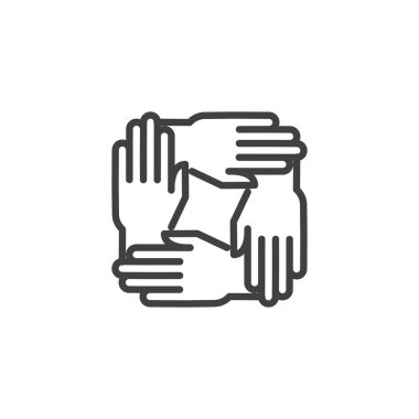 Dört el çizgi simgesini bir arada tutar. Mobil konsept ve web tasarımı için doğrusal biçim işareti. Dayanışma, Birlik, vektör simgesini dizer. Takım çalışması sembolü, logo çizimi. Vektör grafikleri
