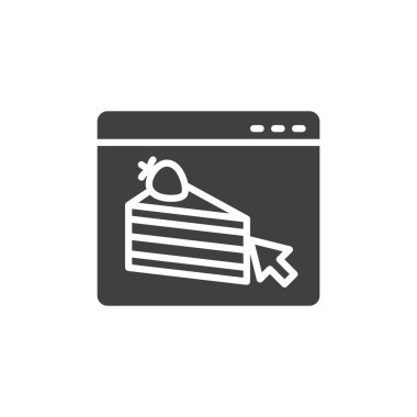 İnternetten vektör ikonu sipariş ediyorum. Tatlı dağıtım servisi mobil konsept ve web tasarımı için düz tabela doldurdu. Pasta dilimi simgesi olan bir site sayfası. Sembol, logo çizimi. Vektör grafikleri