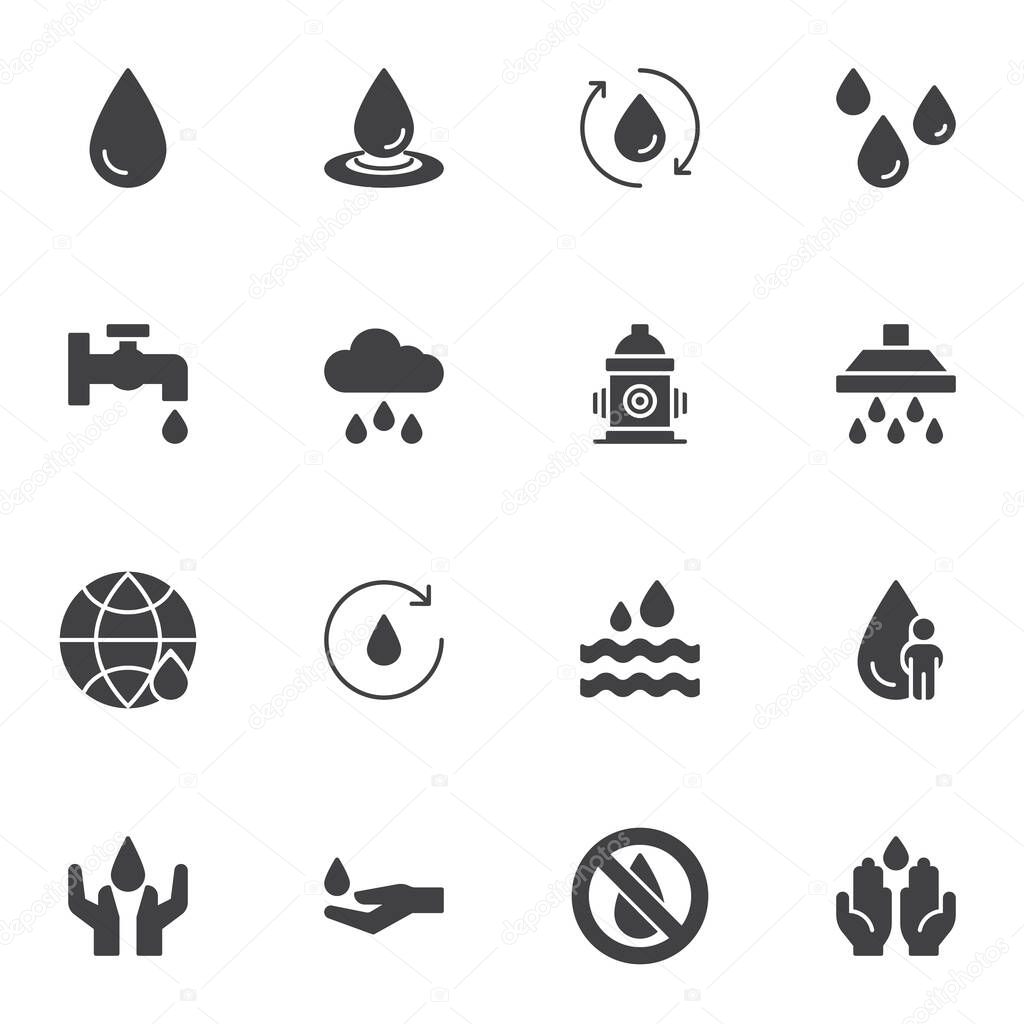Water drop vector icons set, modern solid symbol collection, filled style pictogram pack. Signs, logo illustration. Set includes icons as raindrop, water cycle, fire hydrant, shower, sea waves, tear