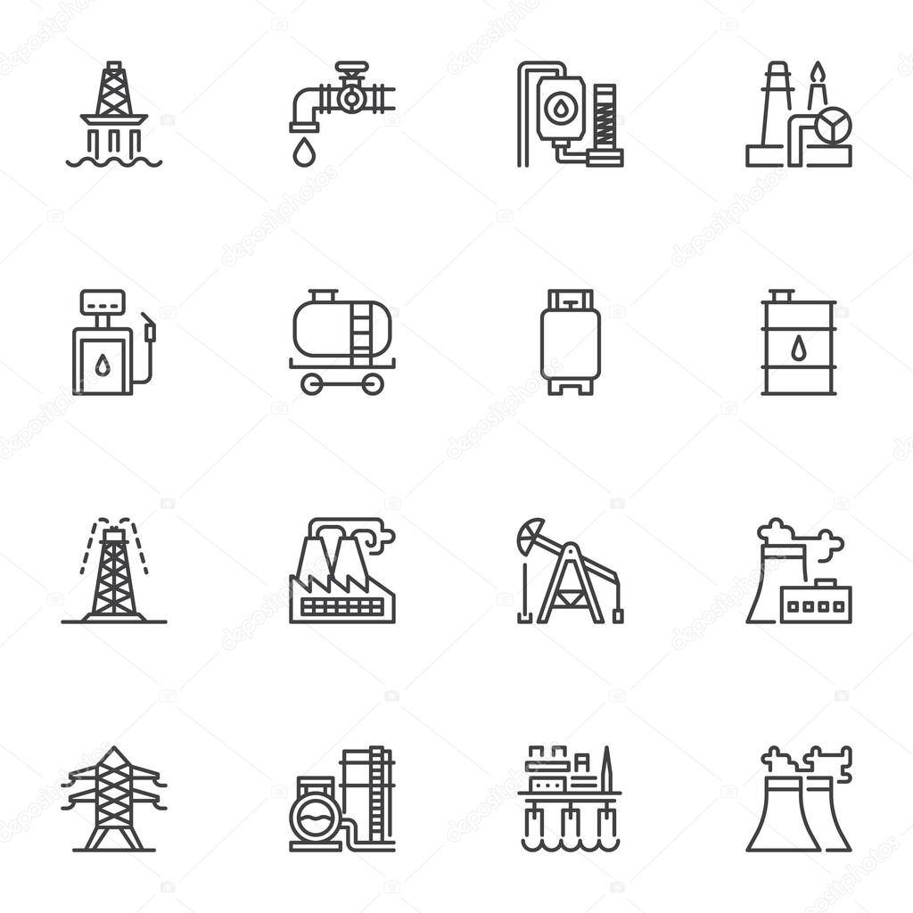 Oil industry line icons set. linear style symbols collection, outline signs pack. vector graphics. Set includes icons as oil platform, refinery factory, gas drilling rig, fuel barrel, gas station