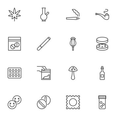 Narkotik uyuşturucu çizgisi simgeleri seti, ana hatlı vektör sembolü koleksiyonu, lineer stil piktogram paketi. İşaretler, logo illüstrasyonu. Set, marihuana yaprağı, tüp sigara, kokain paketi ve esrar olarak simgeleri içerir