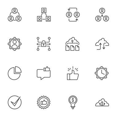 Evrensel İş Hattı simgeleri seti, ana hatlı vektör sembolü koleksiyonu, doğrusal biçim piktogram paketi. İşaretler, logo illüstrasyonu. Takım çalışması, insan kaynakları, geribildirim, pasta şeması olarak simgeleri küme