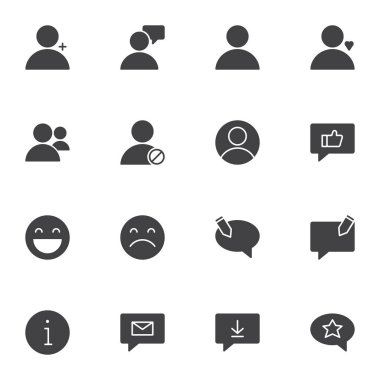 UI ögeleri vektör simgeleri seti, modern katı sembol koleksiyonu, doldurulmuş biçim piktogram paketi. İşaretler, logo illüstrasyonu. Kullanıcı arayüzü, ileti, geribildirim, konuşma balonu, kişi olarak simgeleri içerir