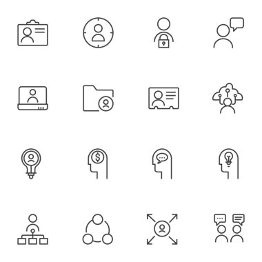 İş Yönetimi çizgi simgeleri seti, ana hatlı vektör sembolü koleksiyonu, doğrusal biçim piktogram paketi. İşaretler, logo illüstrasyonu. Kimlik kartı olarak simgeleri, işbirliği işini ve beyin fırtınasını içerir