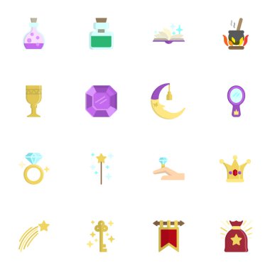 Peri masalı simgeleri seti, renkli semboller - sihirli değnek, zehir şişesi, iksir, elmas yüzük, fantezi kitabı, ayna, taç, anahtar, yıldız, bayrak. Vektör çizimi. Düz biçim tasarımı