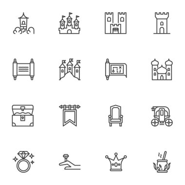 Peri masalı, fantezi çizgisi simgeleri seti, ana hatlı vektör sembolü koleksiyonu, Peri Masalı doğrusal resim paketi. İşaretler, logo illüstrasyonu. Ortaçağ kalesi olarak simgeler, hazine haritası, altın sandık