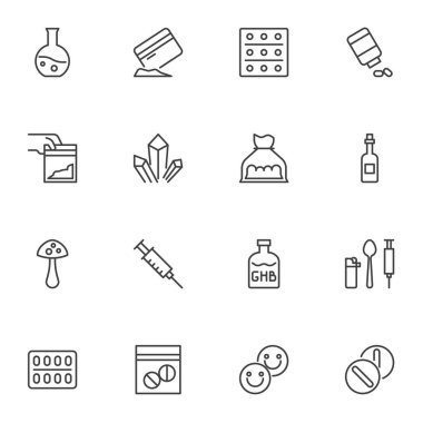 Uyuşturucu çizgisi simgeleri ayarlandı, taslak vektör sembolü koleksiyonu, doğrusal biçim piktogram paketi. İşaretler, logo illüstrasyonu. Kokain ve kredi kartı, amfetamin kristali, eroin şırıngası, hap gibi ikonlar