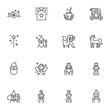 Peri Masalı çizgi simgeleri seti, Peri masalı ana hatları vektör sembolü koleksiyonu, doğrusal resim paketi. Logo illüstrasyonu işaretleri. Set, sihirbaz, sihirli değnek, prenses, prens, tek boynuzlu at, kitap simgelerini içerir.