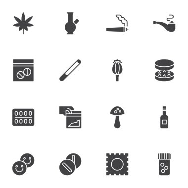 Narkotik uyuşturucu vektör ikonları seti, modern katı sembol koleksiyonu, doldurulmuş biçim piktogram paketi. İşaretler, logo illüstrasyonu. Set, marihuana yaprağı, tüp sigara, kokain paketi ve esrar olarak simgeleri içerir