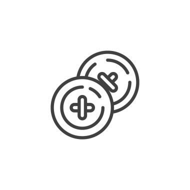 İki dikiş düğmesi çizgisi simgesi. Mobil konsept ve web tasarımı için doğrusal biçim işareti. Giysiler düğmesi ana hatlı vektör simgesi. Sembol, logo çizimi. Vektör grafikleri