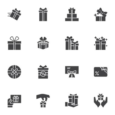 Hediye kutusu vektör simgeleri seti, modern katı sembol koleksiyonu, doldurulmuş biçim piktogram paketi. İşaretler, logo illüstrasyonu. Set, doğum günü hediyesi olarak simgeleri, kurdeleli kutuyu ve sürpriz paketi içerir 