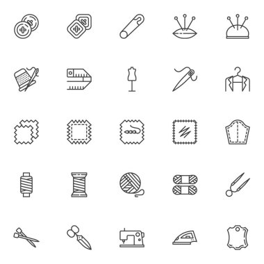 Dikiş ve örgü çizgisi simgeleri ayarlandı. Doğrusal stil sembolleri koleksiyonu, dikiş ekipmanları ana tabela paketi. Vektör grafikleri. Simgeleri düğme, yastık iğnesi, iplik, dikiş makinesi, makas olarak ayarla