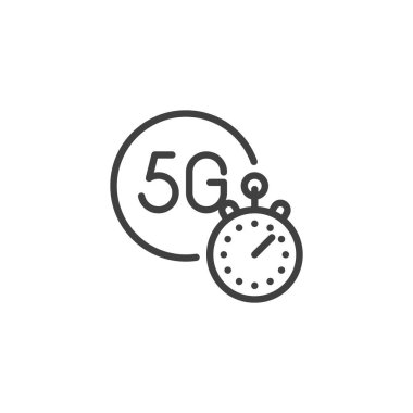 5G internet hız test çizgisi simgesi. Mobil konsept ve web tasarımı için doğrusal biçim işareti. 5G kronometre ana hatlı vektör simgesi. Sembol, logo çizimi. Vektör grafikleri