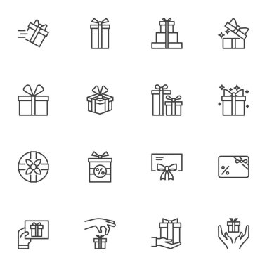 Hediye kutusu çizgisi simgeleri seti, ana hat vektör sembolü koleksiyonu, doğrusal biçim piktogram paketi. Logo illüstrasyonu işaretleri. Set, doğum günü hediyesi olarak simgeleri, kurdeleli kutuyu ve sürpriz paketi içerir 