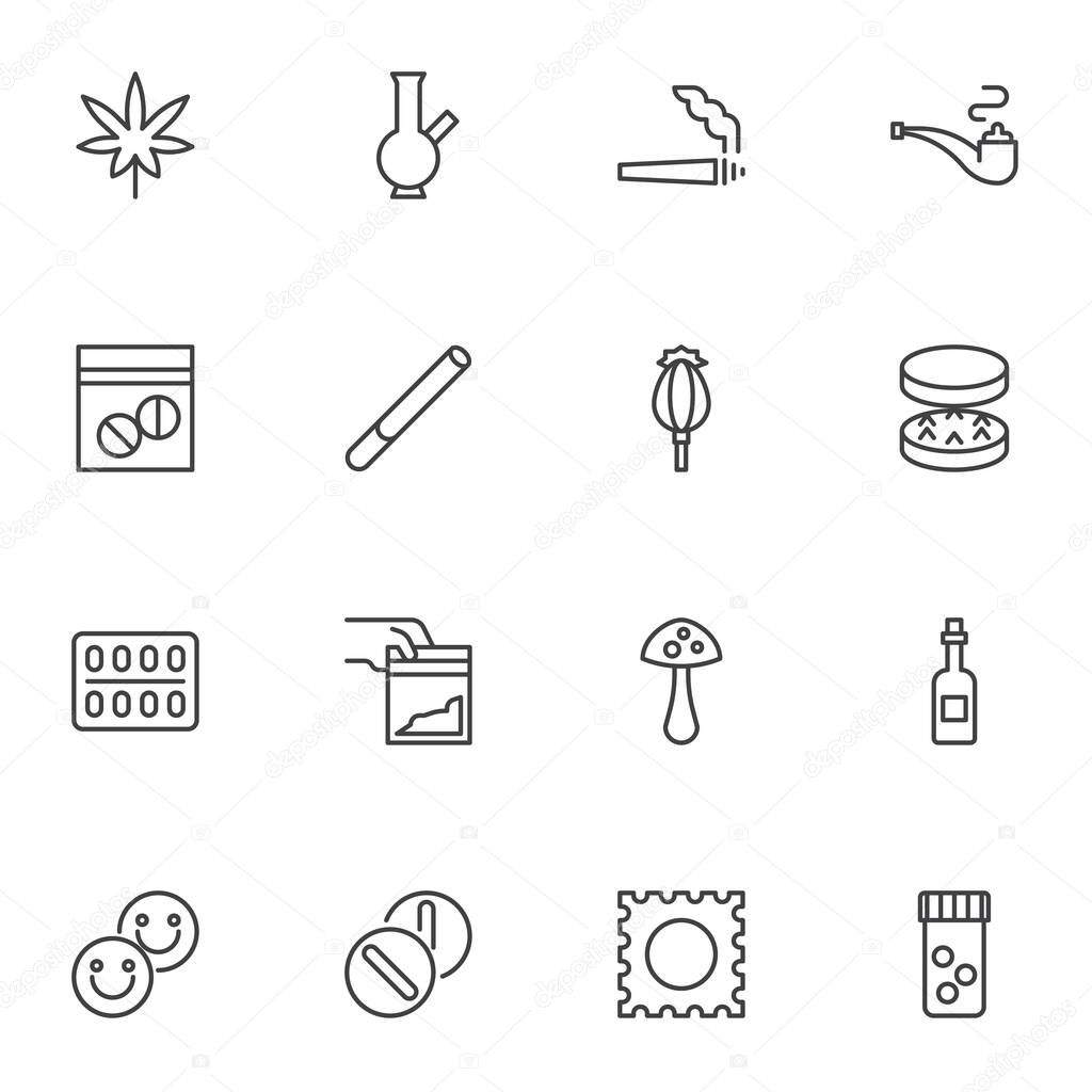 Narcotic drugs line icons set, outline vector symbol collection, linear style pictogram pack. Signs, logo illustration. Set includes icons as marijuana leaf, smoking tube, cocaine package, cannabis