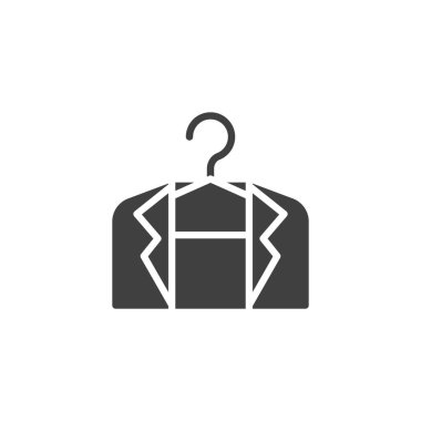 Askı vektör ikonu üzerinde ceket. Mobil konsept ve web tasarımı için düz tabela. Askıdaki sembol üzerinde takım elbise. Sembol, logo çizimi. Vektör grafikleri