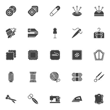 Dikiş ve örgü vektör simgeleri seti, modern katı sembol koleksiyonu, doldurulmuş resim paketi. Logo illüstrasyonu işaretleri. Simgeleri düğme, yastık iğnesi ipliği, dikiş makinesi, makas olarak ayarla